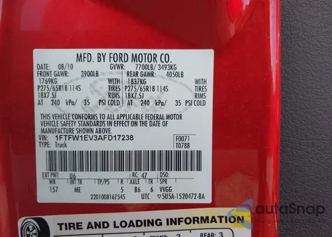 2010 Ford F-150 Fx4/Harley-Davidson/King Ranch/Lariat/Platinum/Xl/Xlt from USA, damaged, VIN 1FTFW1EV3AFD17238